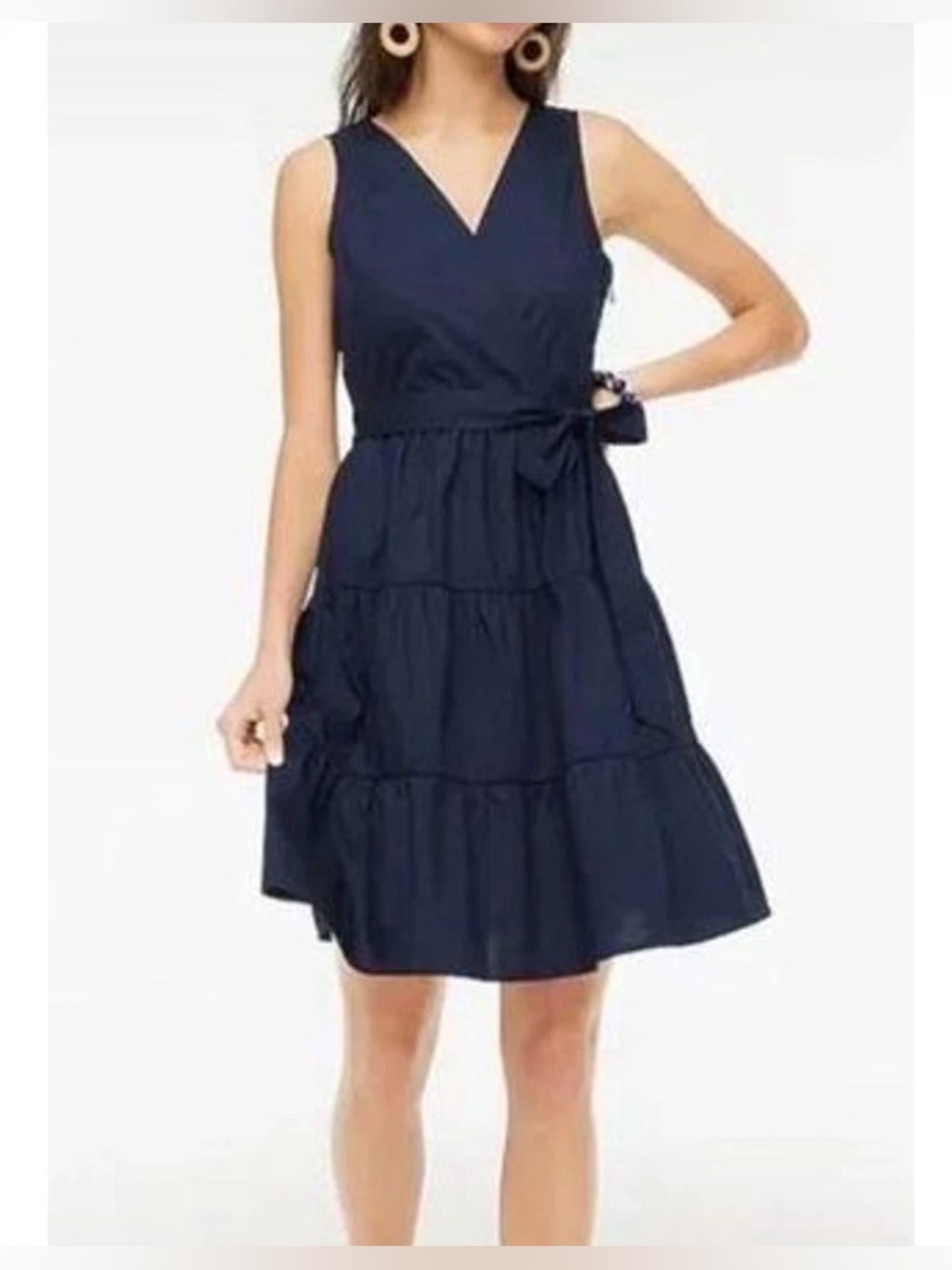 J. Crew Navy Sleeveless V-Neck Tiered Tie-Waist Dress size 8
